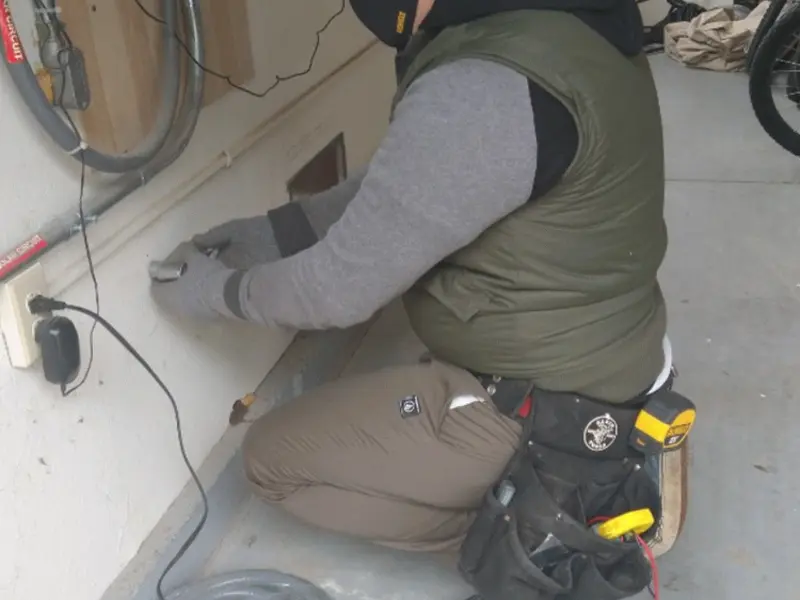 Electrician performing outlet wiring in a Ellicott garage